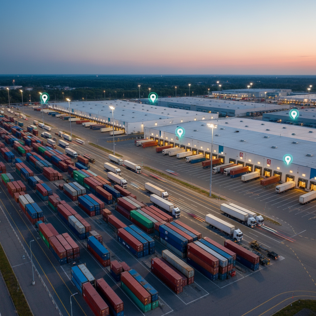 An expansive aerial view of a major logistics hub at dusk, with long rows of brightly colored shipping containers stacked neatly beside lanes of freight trucks and semi-trailers queued for loading. White-painted warehouse roofs stretch across the frame, with clearly defined loading bays and trailers backed up to illuminated dock doors. Small glowing route indicators and subtle overlay-style GPS icons float above key areas, suggesting real-time tracking without using text. The sky holds a gentle blue hour gradient, and high mast lights cast clean, directional pools of light, creating crisp shadows and a sense of constant motion. Shot in photographic realism from a high, slightly angled bird’s-eye perspective, the mood is efficient, organized, and professional.