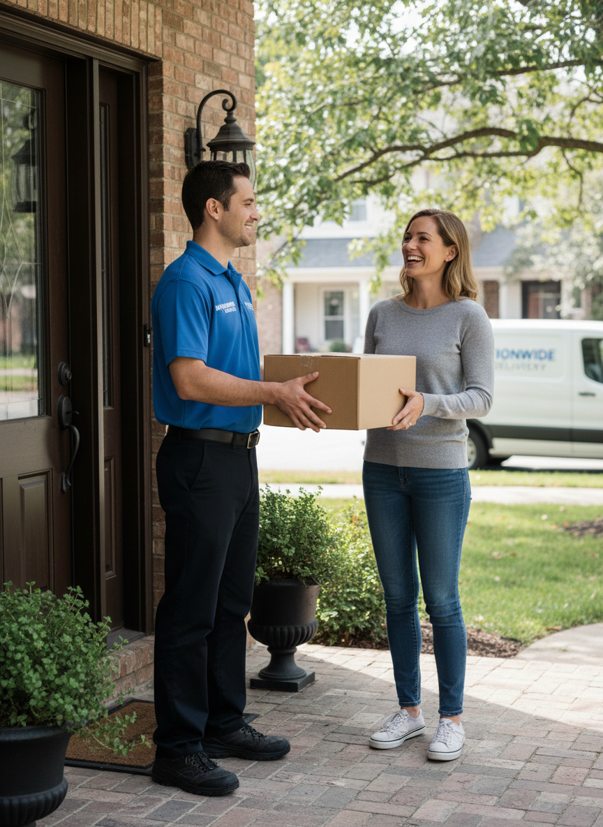 Delivery courier handing over a package to a customer