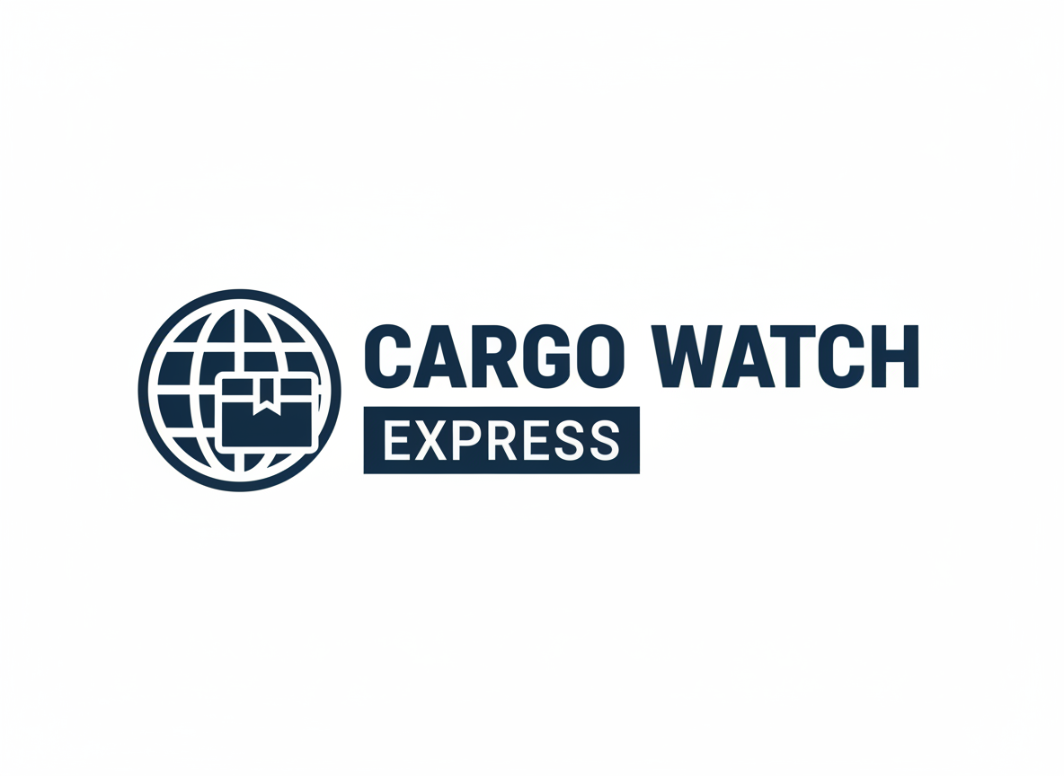 A professional company logo for "Cargo Watch Express" — bold modern typography, dark navy blue and white color scheme, with a small icon of a globe and a shipping package combined, clean minimal design, transparent background, high quality vector-style logo